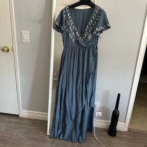 Embroidered Blue Wrap Maxi Dress